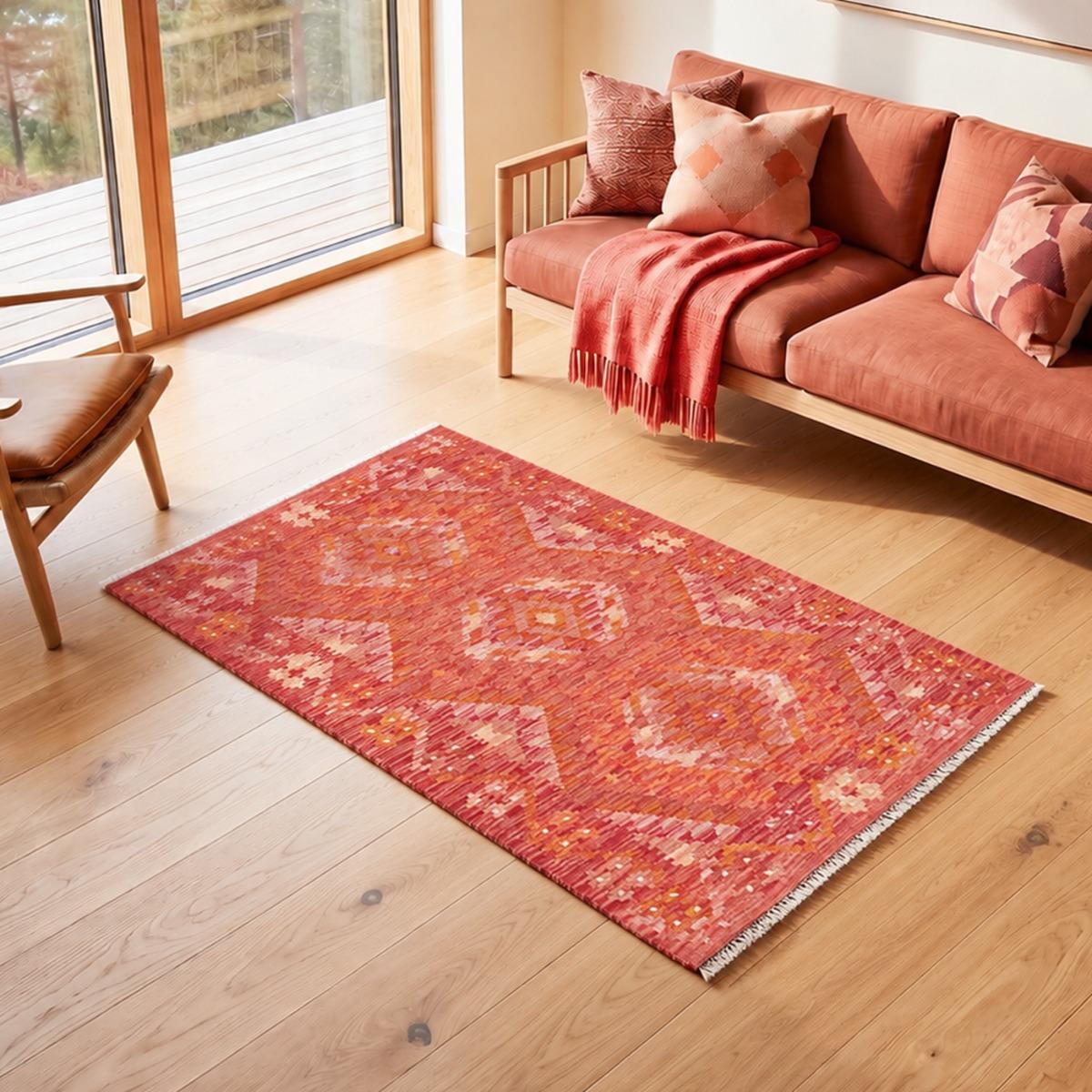 Tapis d'orient, motif géométrique artisanal, tissé plat, KILIM 12, UN AMOUR DE TAPIS