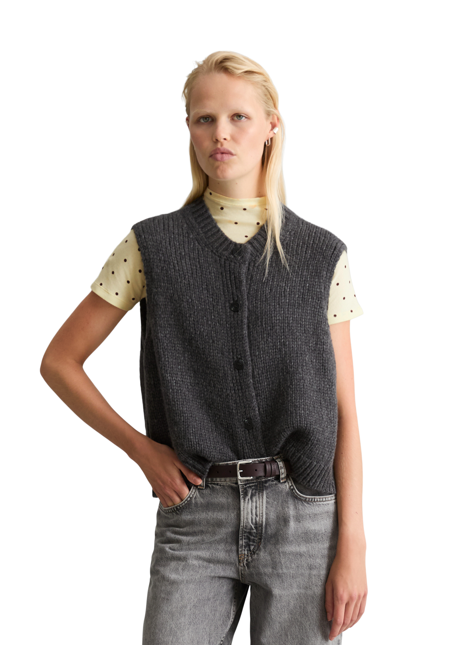Cardigan court sans manches en un mélange douillet de laine vierge et d'alpaga, MARC O’POLO DENIM