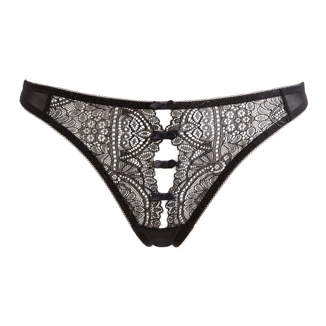 Lace and Tulle Thong with Cutout Front, black, SUITE PRIVEE