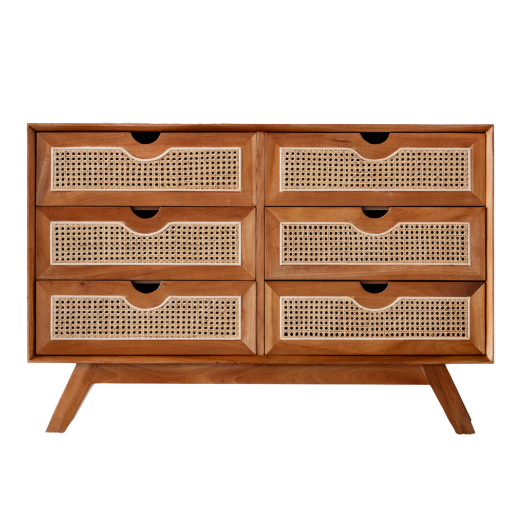 Buffet de rangement avec 6 tiroirs en bois et cannage SAVANA, HYDILE