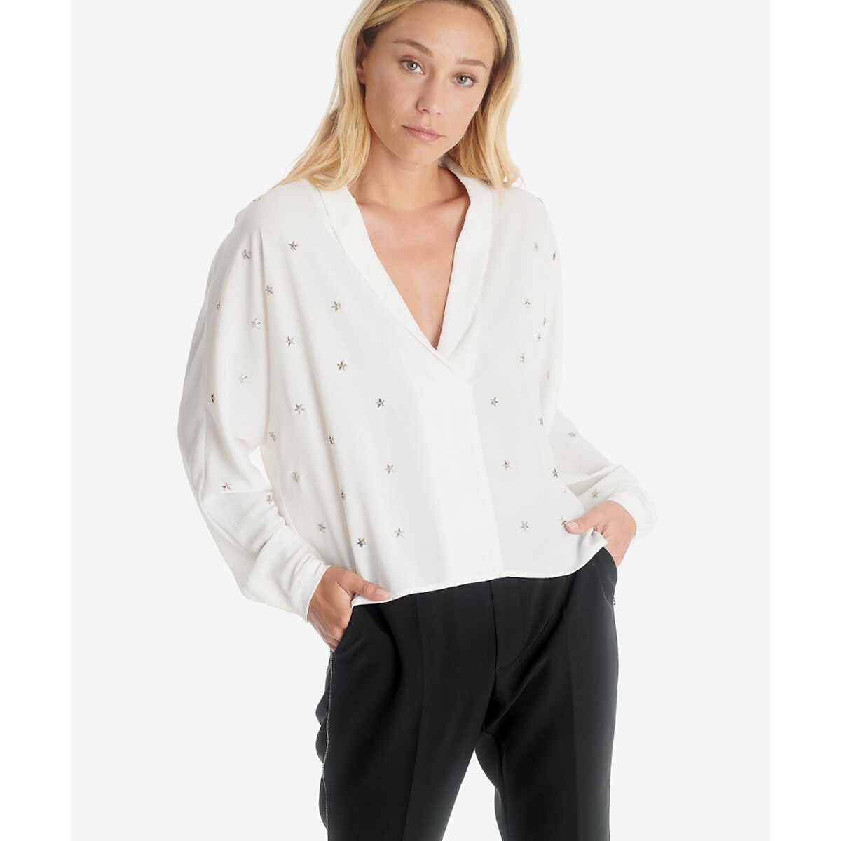 Draped embellished blouse with v-neck 