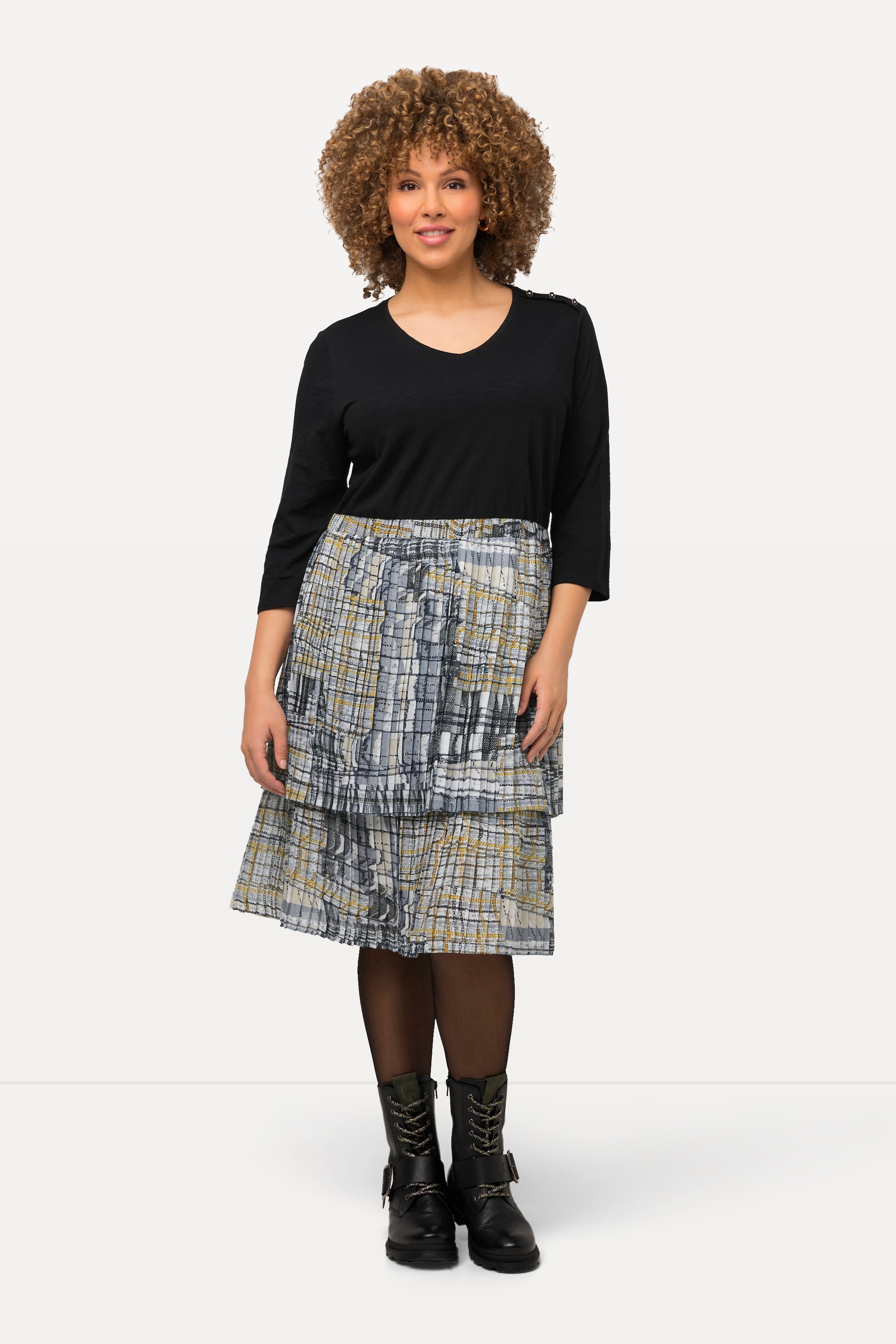 Robe trapèze en jersey, jupe plissée, ULLA POPKEN