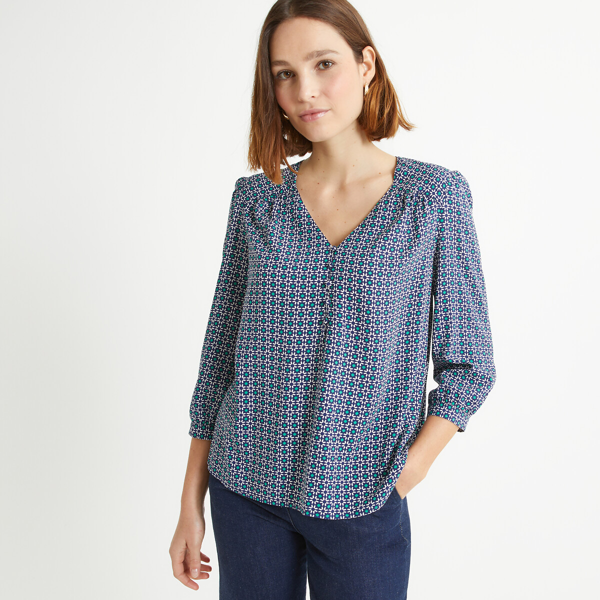 Graphic Print Blouse with V-Neck and 3/4 Length Sleeves