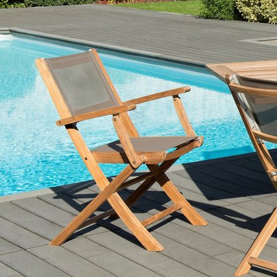 Lot de 2 fauteuils chaises à accoudoirs de jardin pliants en bois de teck et tissu textilène taupe SUMMER PIER IMPORT