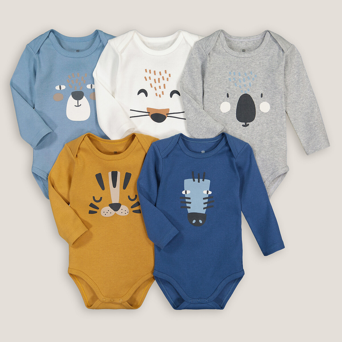 Pack of 5 Bodysuits with Animal Prints and Long Sleeves