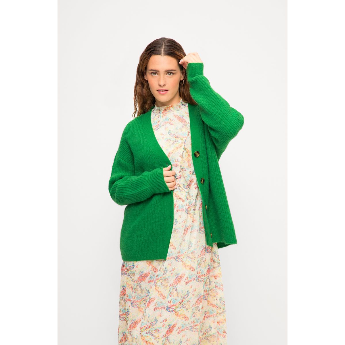 Gilet long en maille - Cardigan femme - Couleur vert émeraude