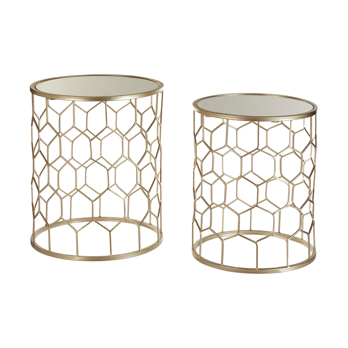 Set of 2 Mirror & Iron Side Tables with Hexagonal Pattern, SO'HOME