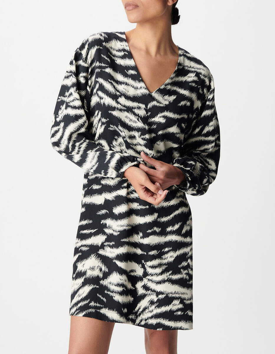 Jurk met V-hals en lange mouwen met zebraprint, IKKS