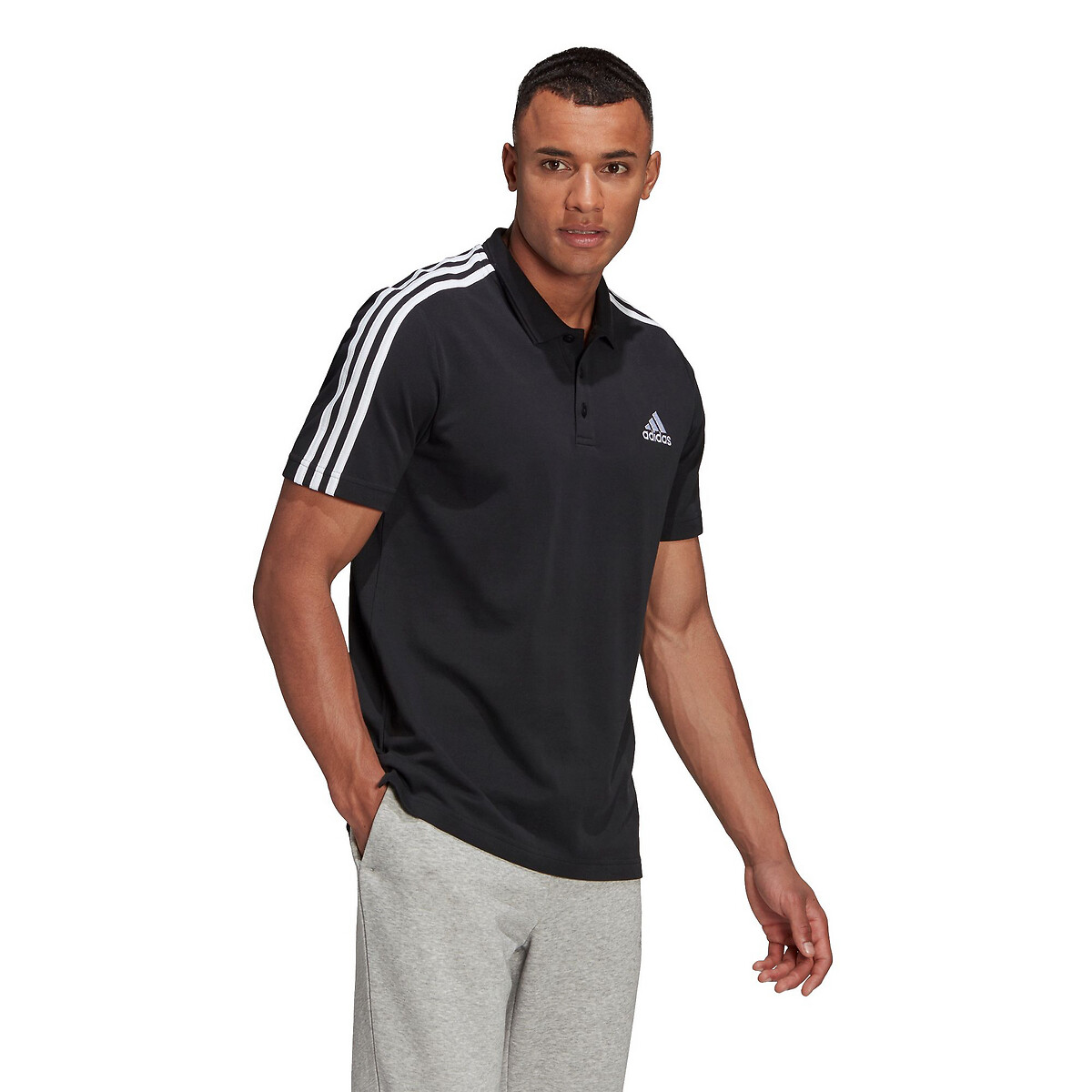 Cotton mix polo shirt with 3-stripes and short sleeves, black, Adidas ...