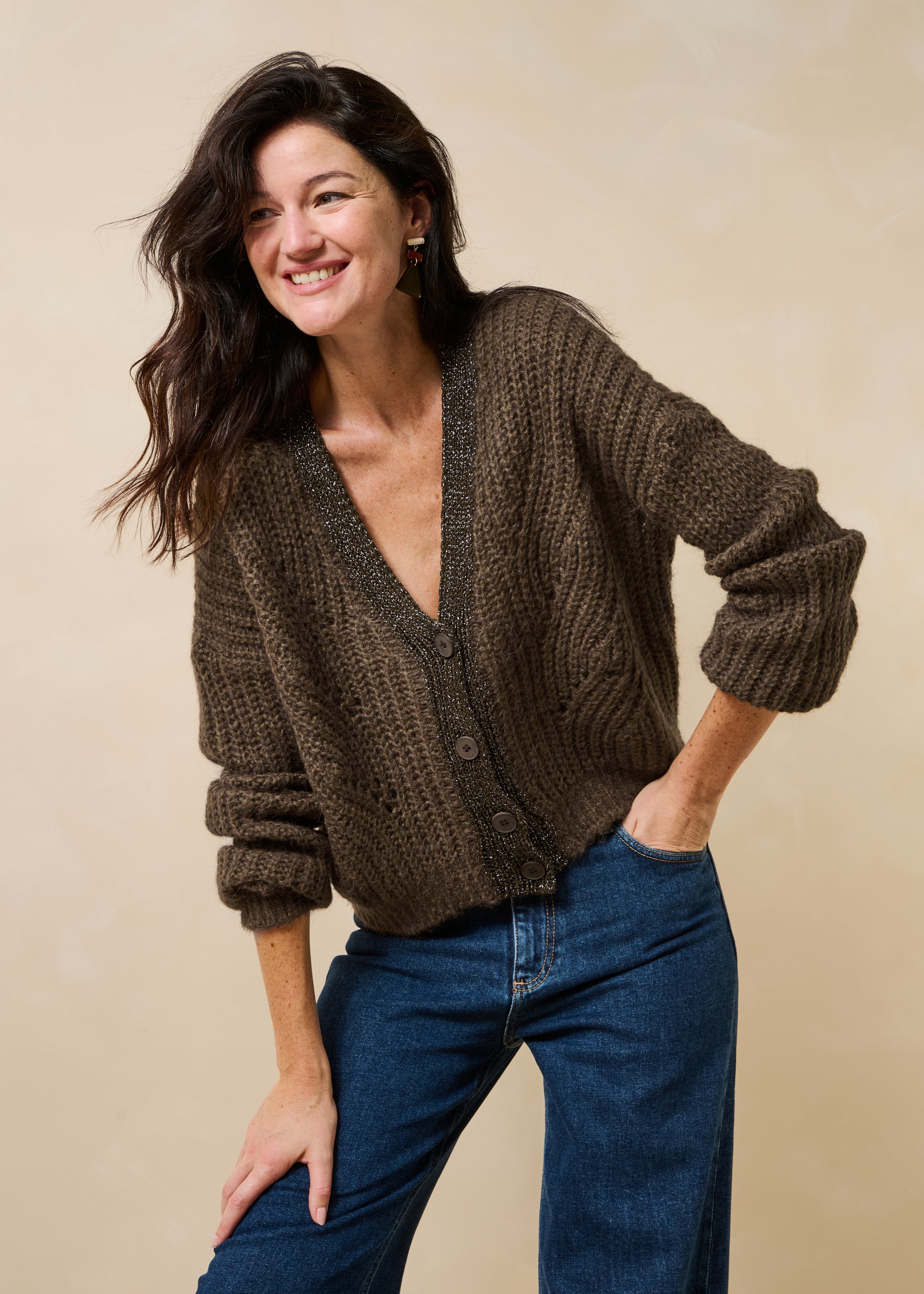 Gilet manches longues ample col V détail irisé, LA FEE MARABOUTEE