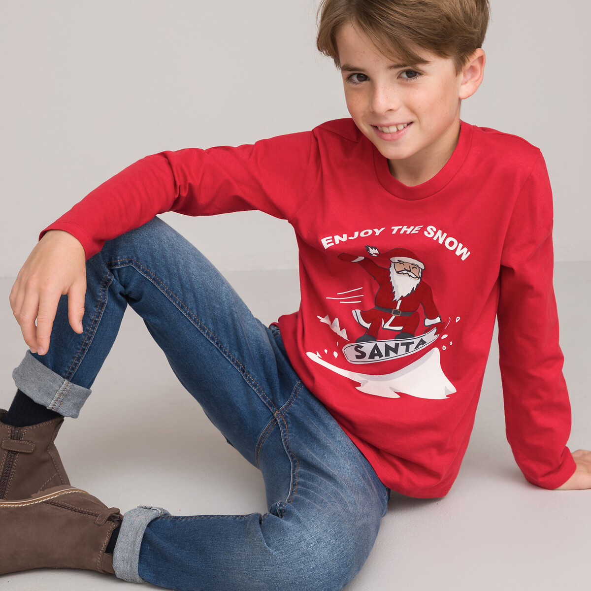 Christmas Print Cotton T-Shirt with Long Sleeves