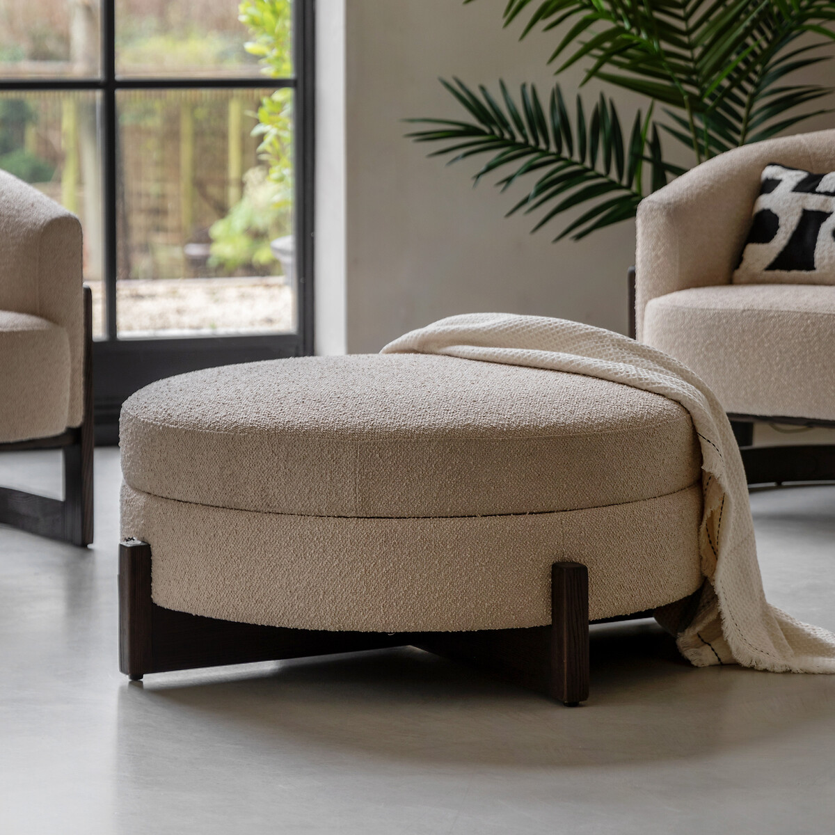 Cerron Round Boucle Storage Footstool with Dark Wood Legs, SO'HOME
