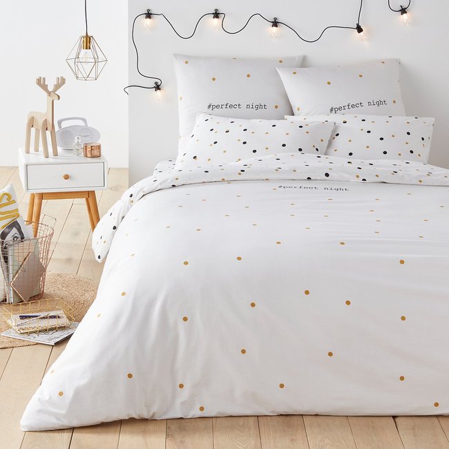 Perfect Night Spotted 100% Cotton Duvet Cover, white/black/gold-coloured, LA REDOUTE INTERIEURS