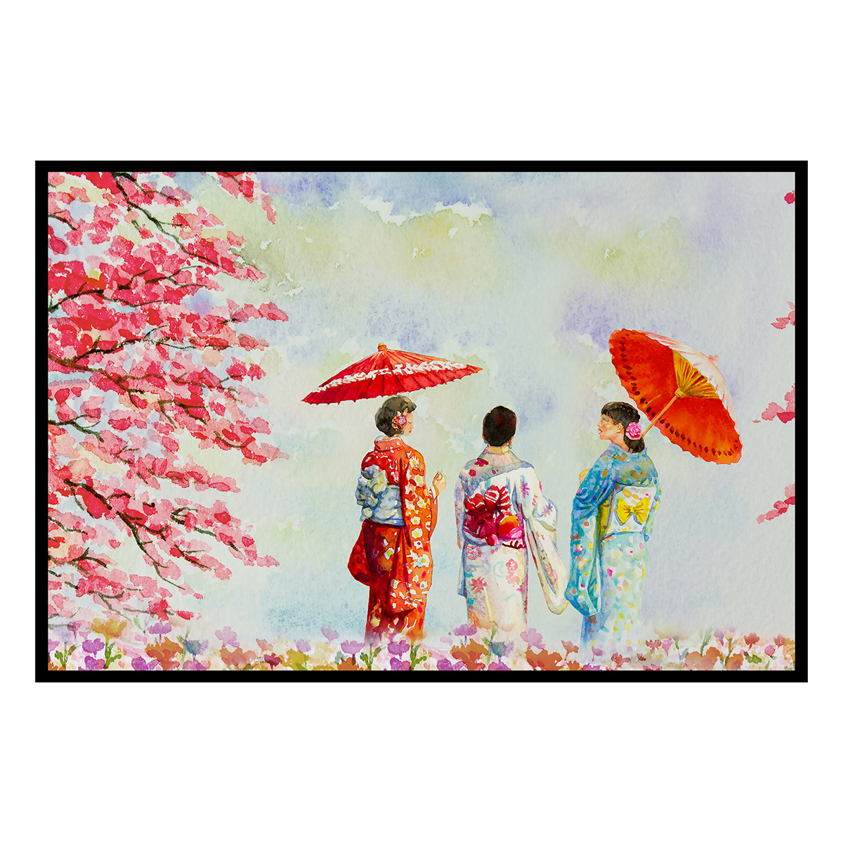 Affiche encadrée aquarelle japonaise et cerisiers, HEXOA