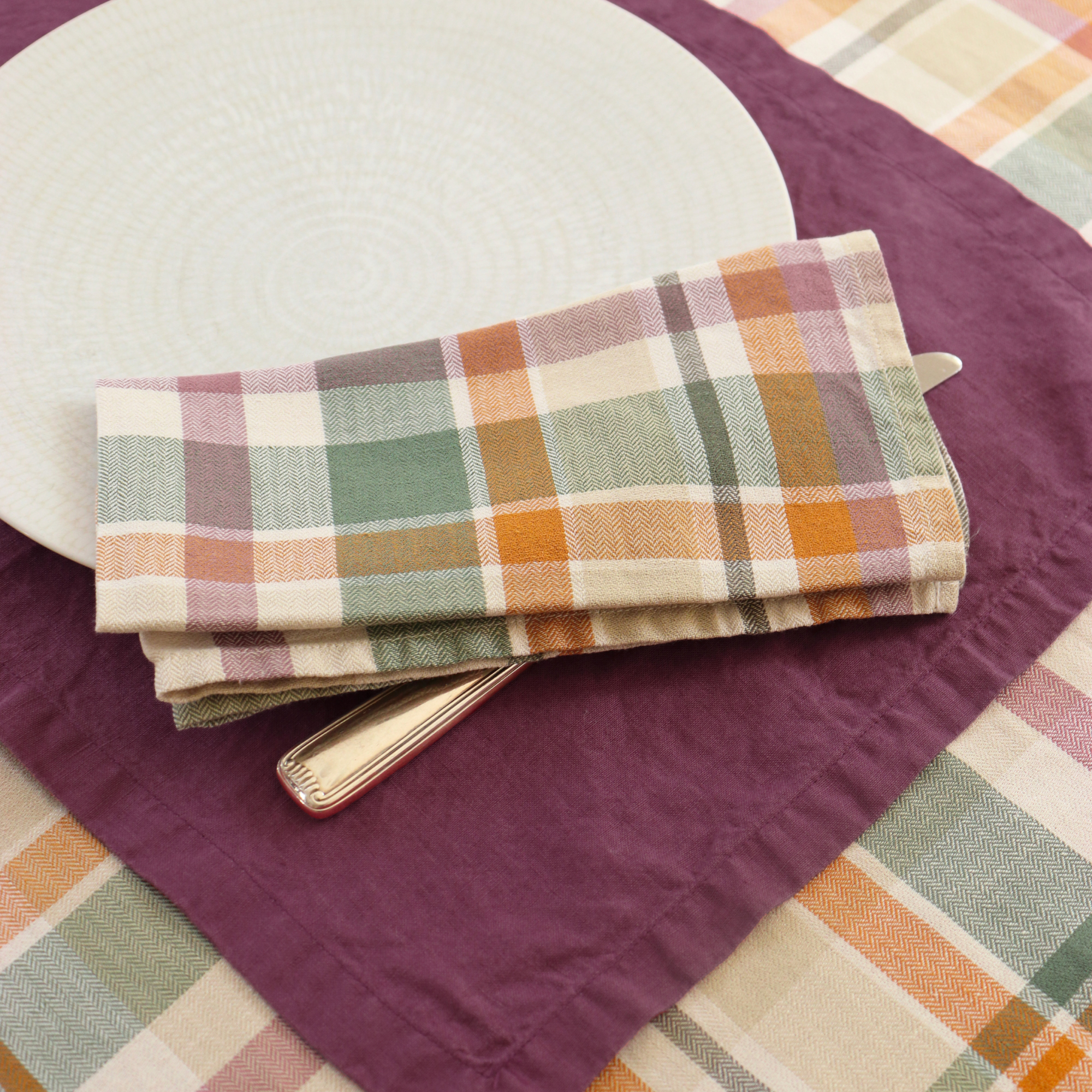 Serviette de table en métis lin et coton, PASSION MADRAS, BLANC CERISE