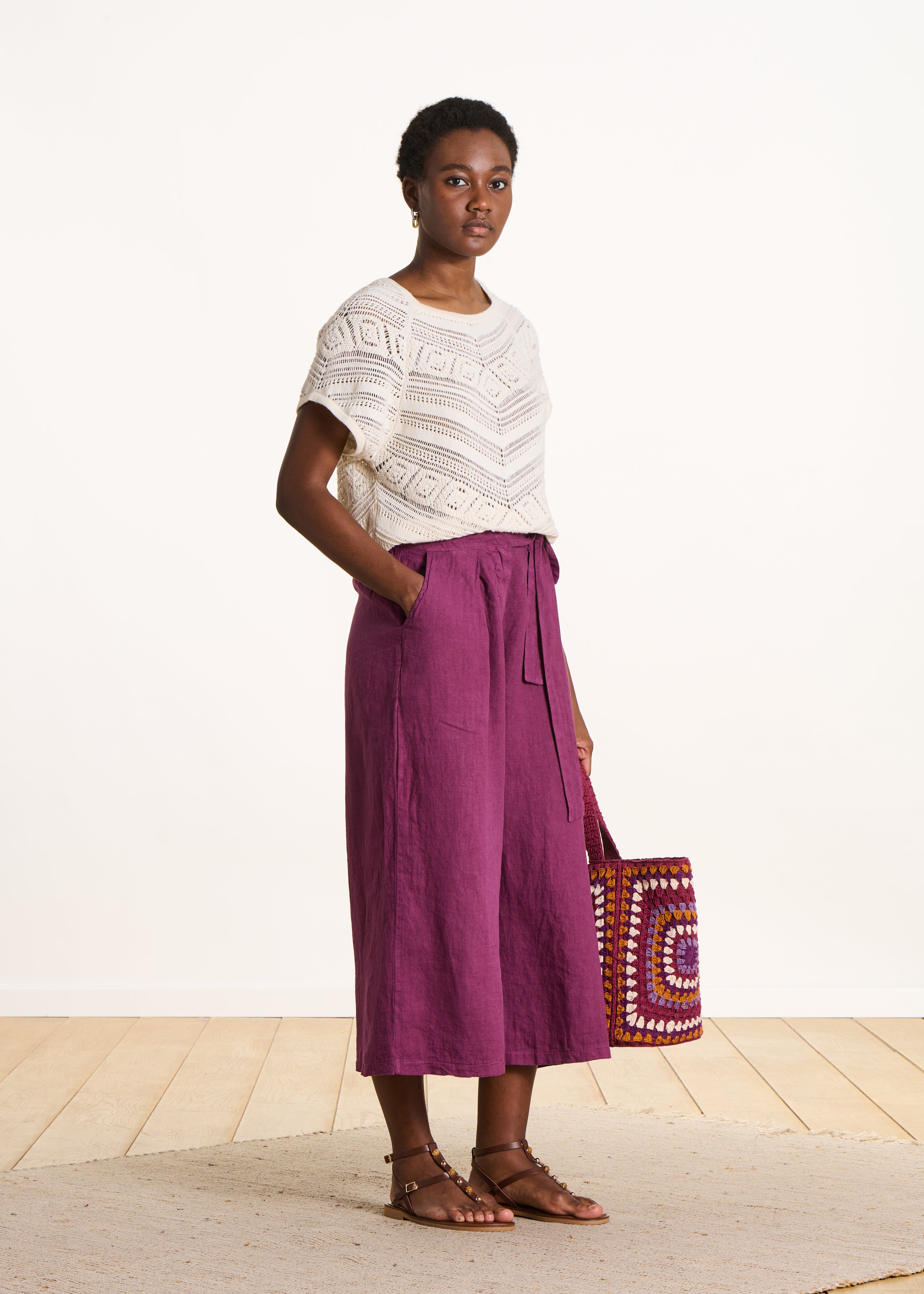 Pantalon cropped large en lin, LA FEE MARABOUTEE