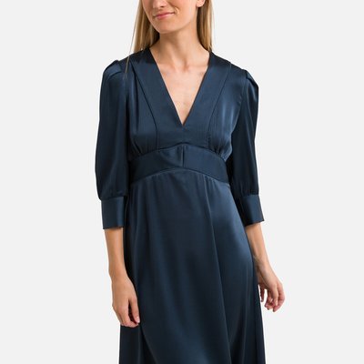 Satin Midi Dress with 3/4 Length Sleeves SEE U SOON