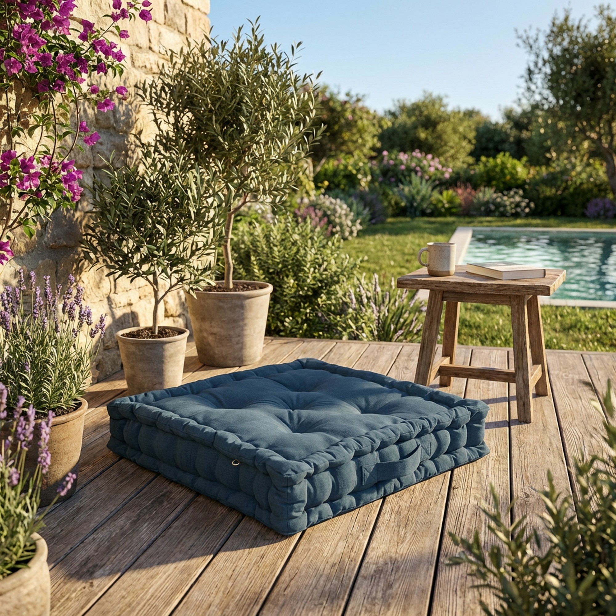 Coussin de sol 50x50 cm Coton Dahlia Bleu Jean, EDEN