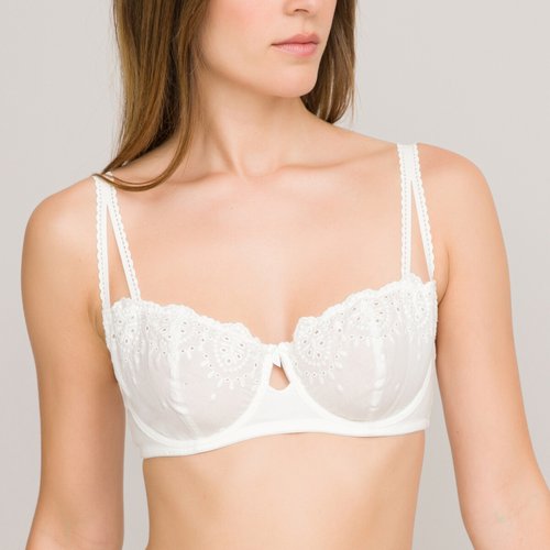 Hilea demi-cup bra in embroidered cotton, white, La Redoute