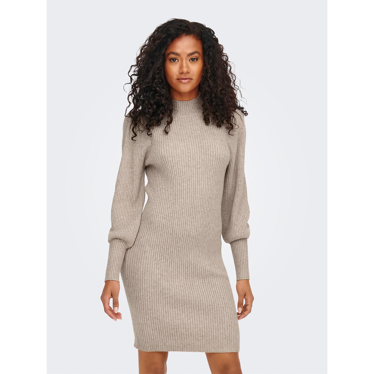 Turtleneck jumper dress with balloon sleeves, light taupe, Only | La ...