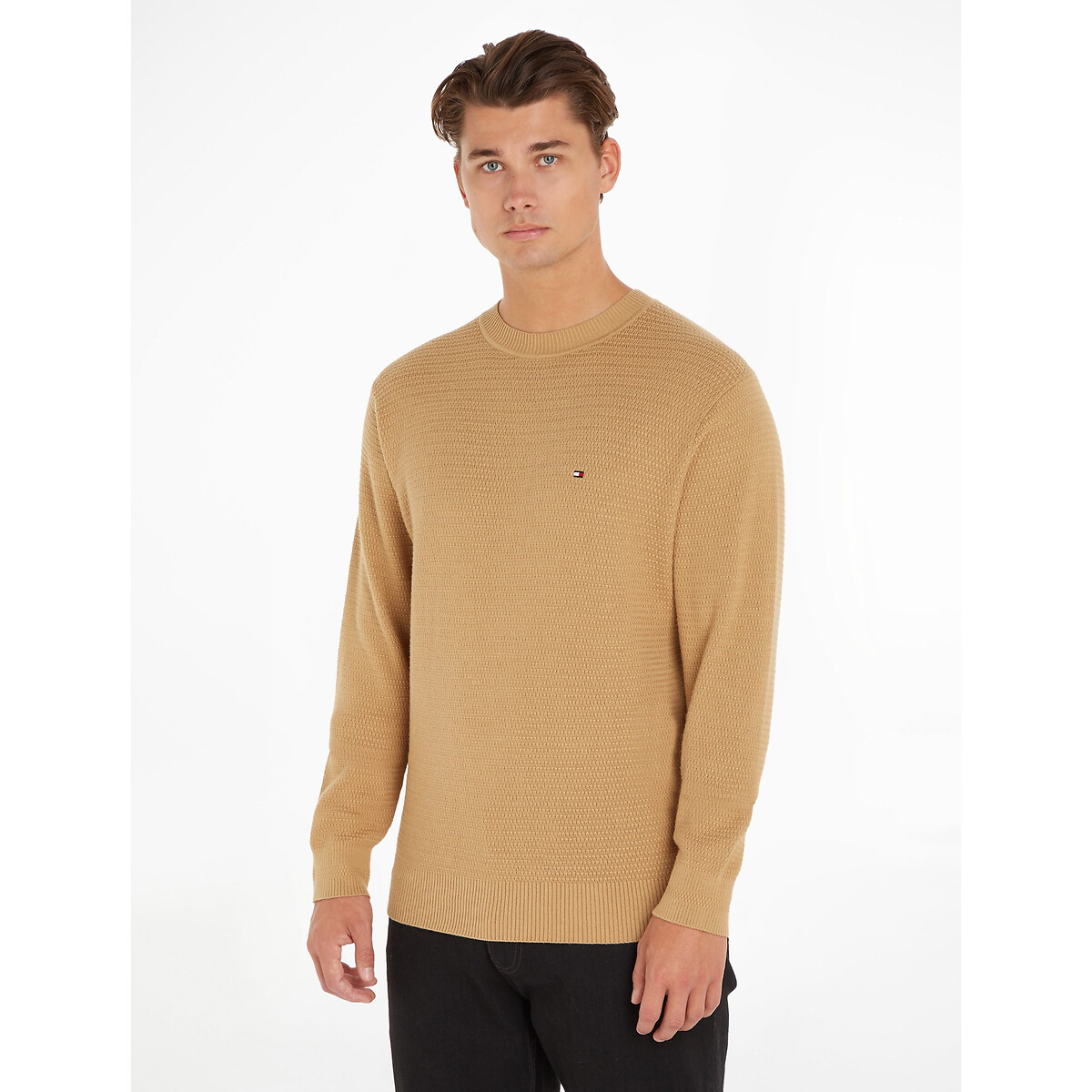 Embroidered Logo Cotton Jumper in Fine Knit with Crew Neck