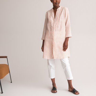 Striped Linen Tunic with a Grandad Collar and 3/4 Length Sleeves ANNE WEYBURN