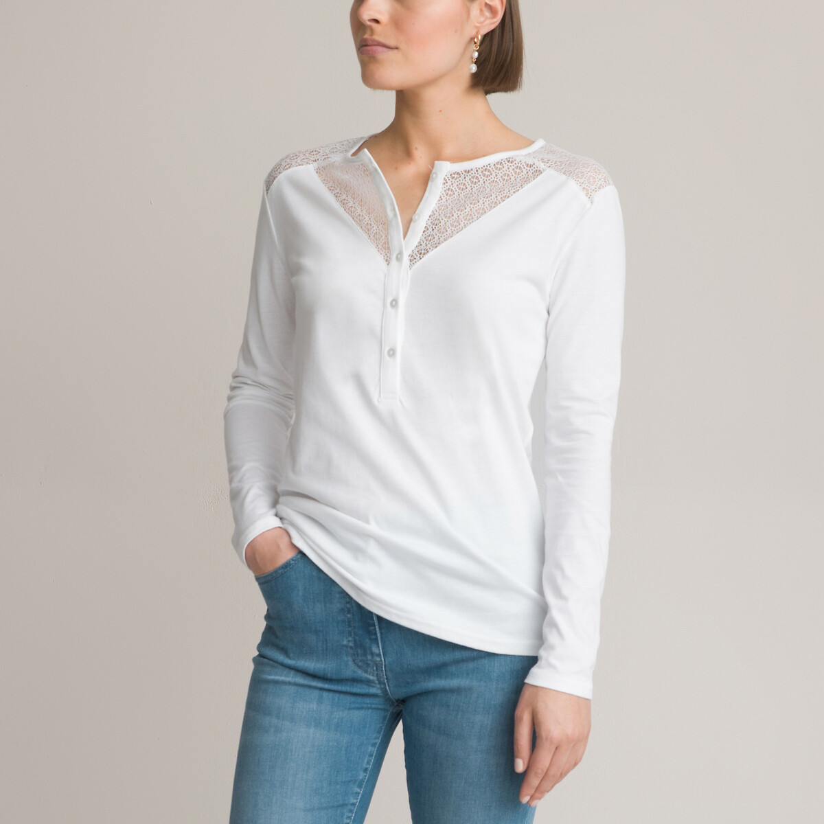 Image of Cotton Dual Fabric T-Shirt with Crew Neck and Long Sleeves