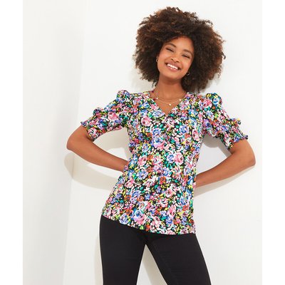 Floral Print V-Neck Blouse with Puff Sleeves JOE BROWNS