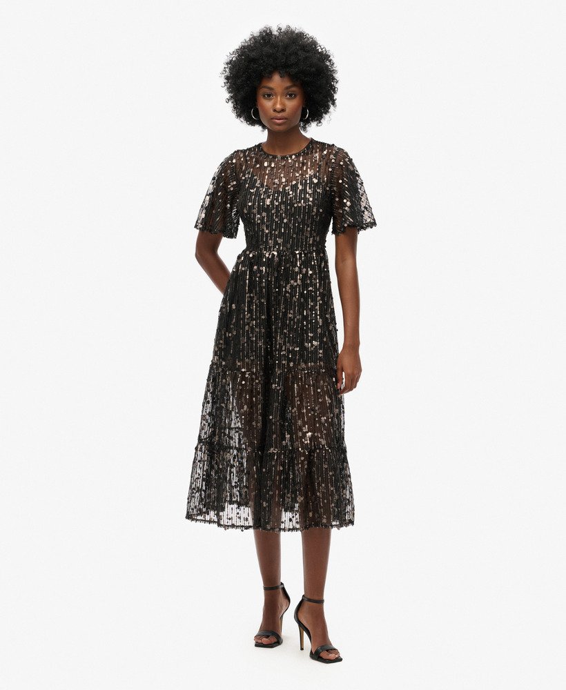 Robe mi-longue en maille filet à volants Volume, SUPERDRY