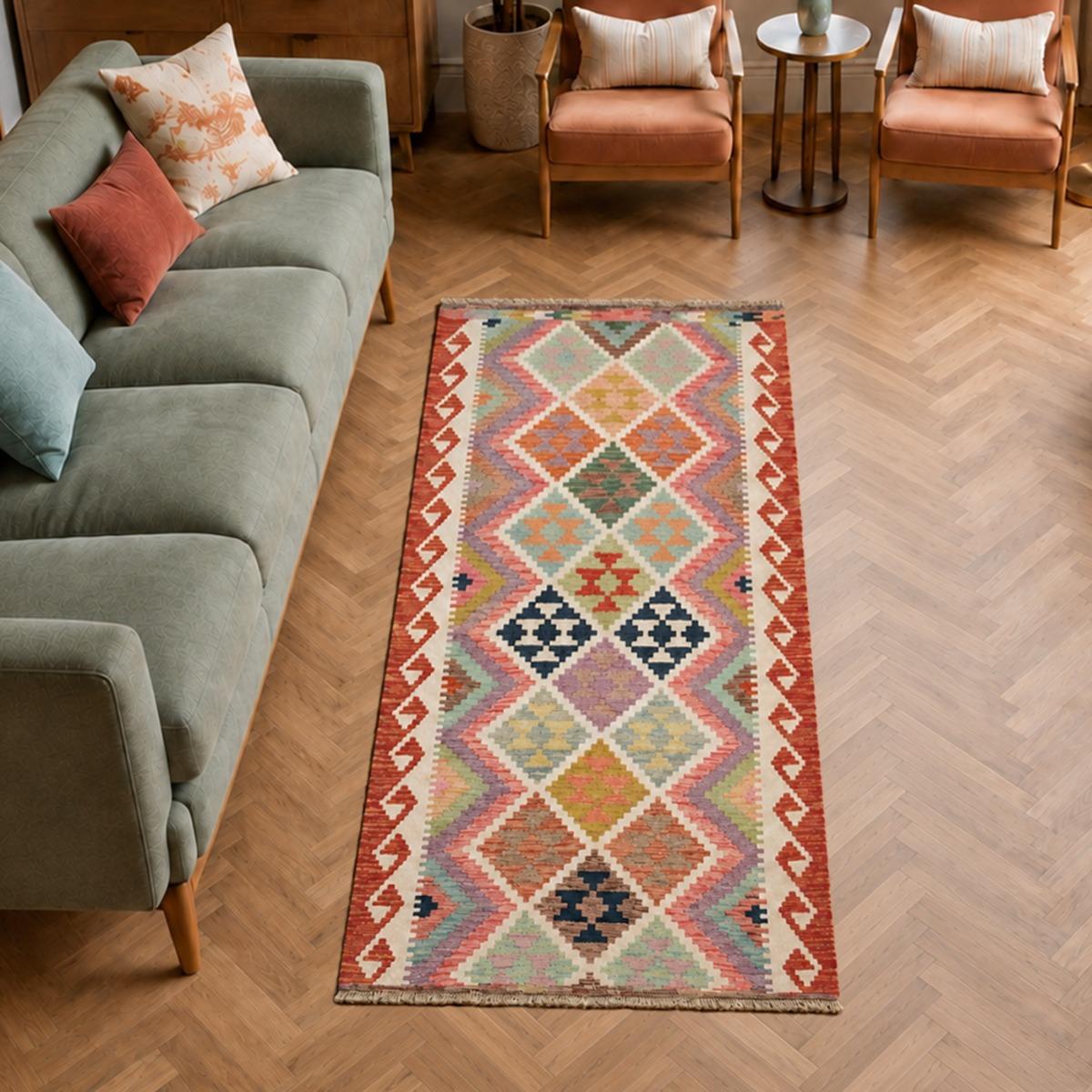 Tapis kilim, motif ethnique authentique, tissé plat en laine, UN AMOUR DE TAPIS