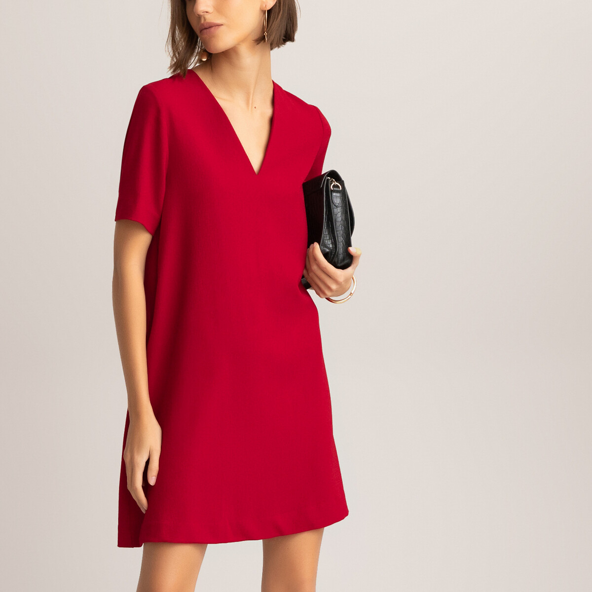 Full Mini Dress with V-Neck and Short Sleeves