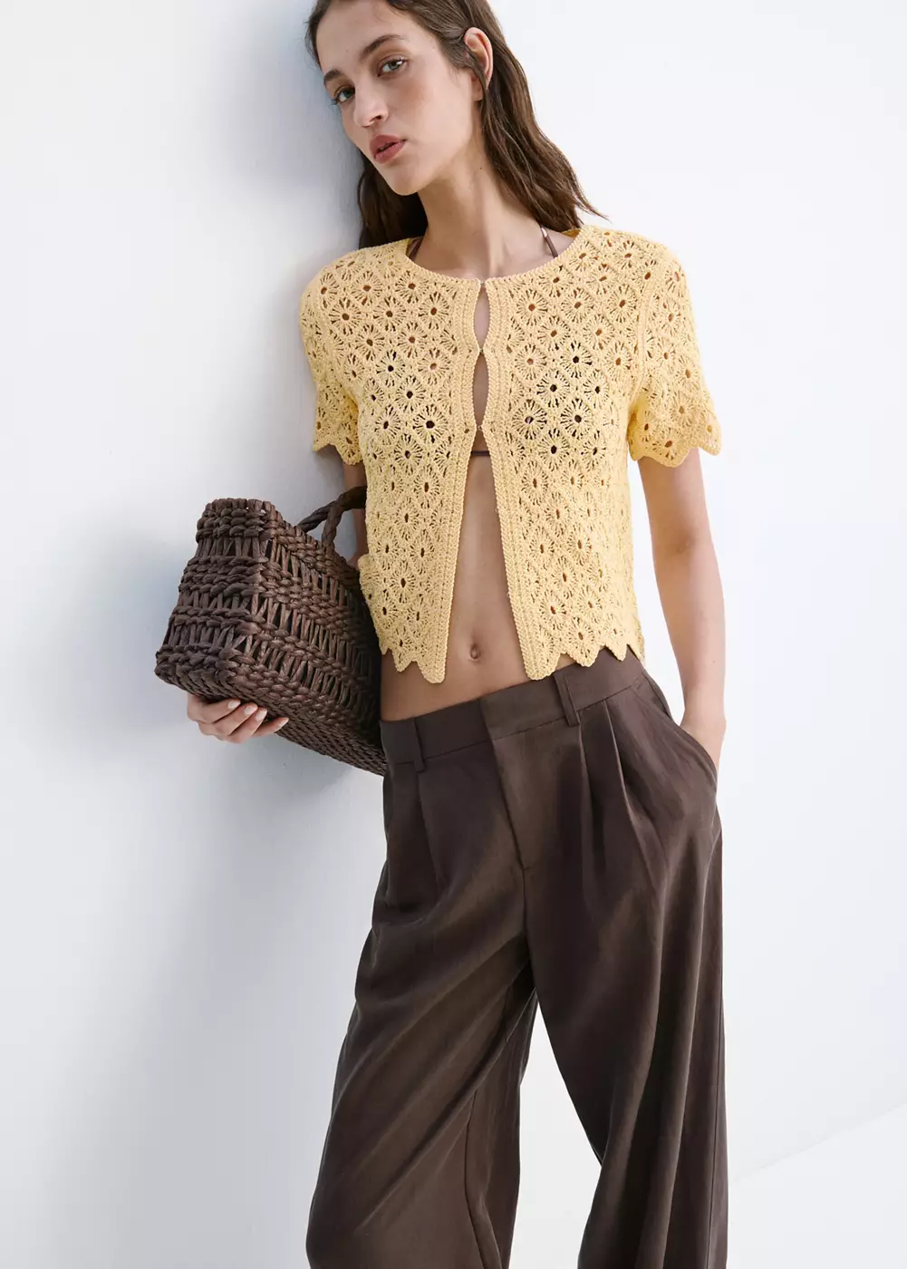 Cardigan en maille ajourée festonnée, MANGO