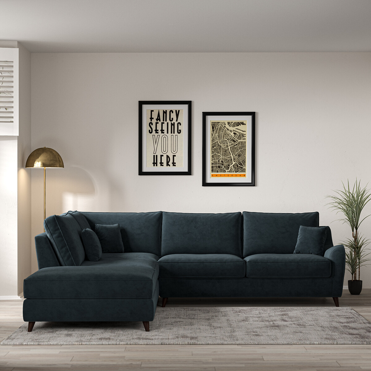 Navy velvet store corner sofa