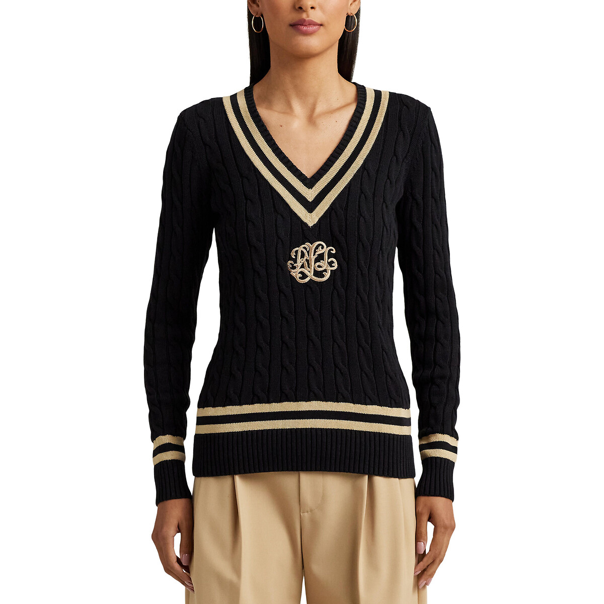 Meren cable knit jumper with v neck black beige Lauren Ralph