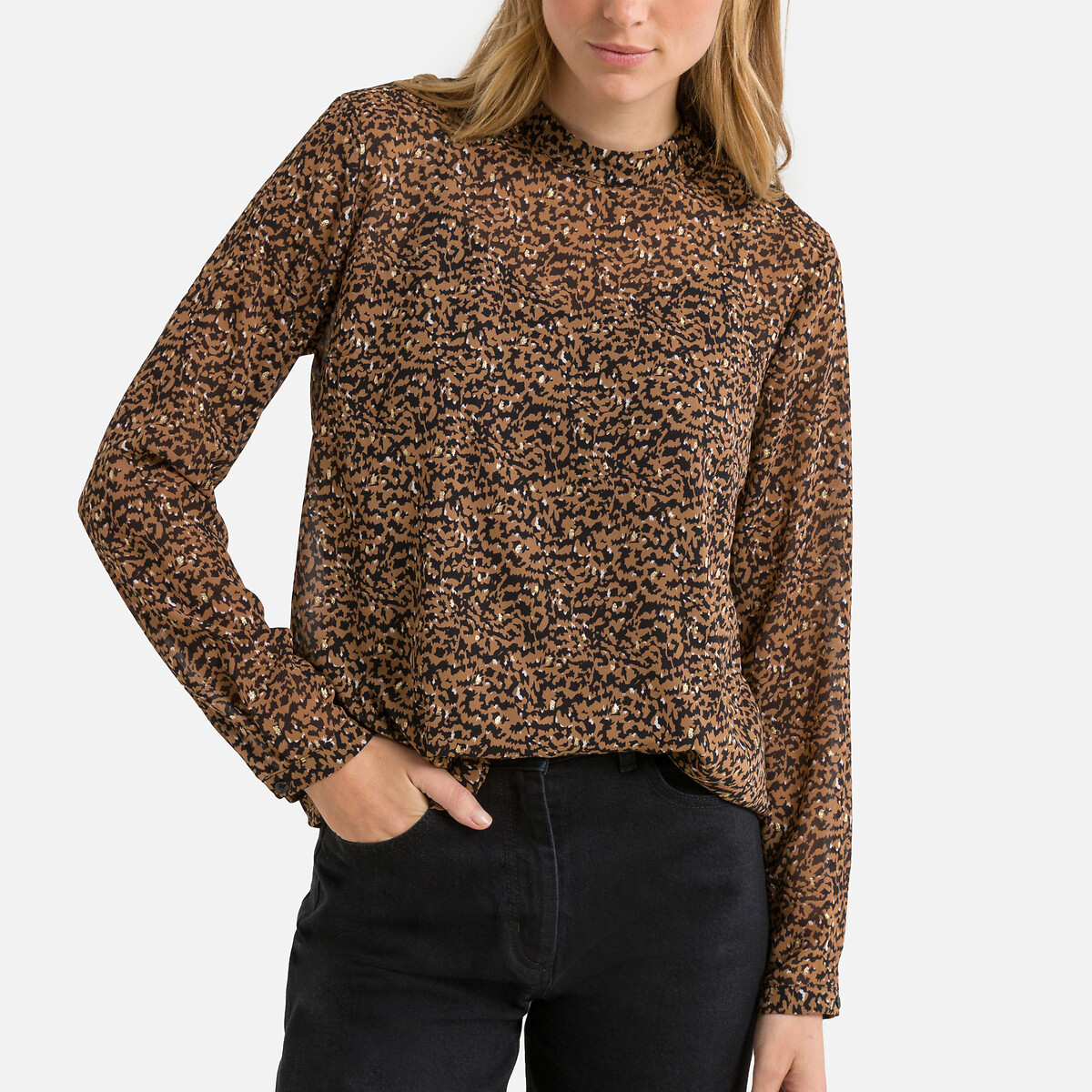 Printed High Neck Blouse with Long Sleeves