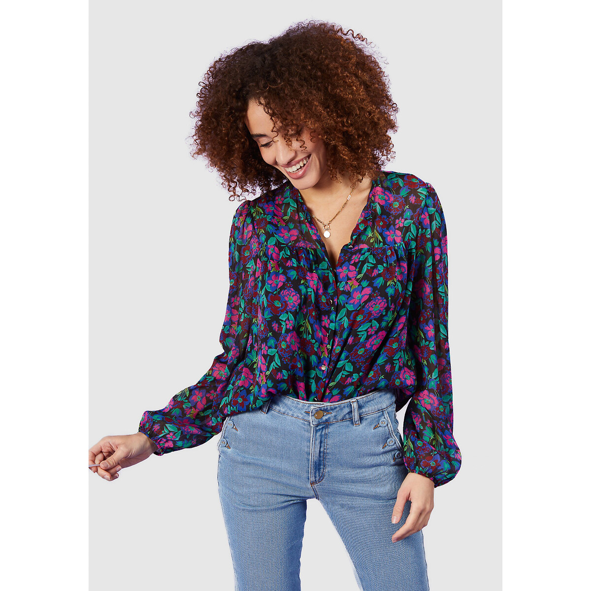 Floral Print Blouse with Crew Neck and Long Sleeves