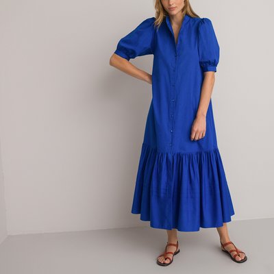 Cotton Tiered Midaxi Dress with Short Balloon Sleeves and Crew Neck LA REDOUTE COLLECTIONS