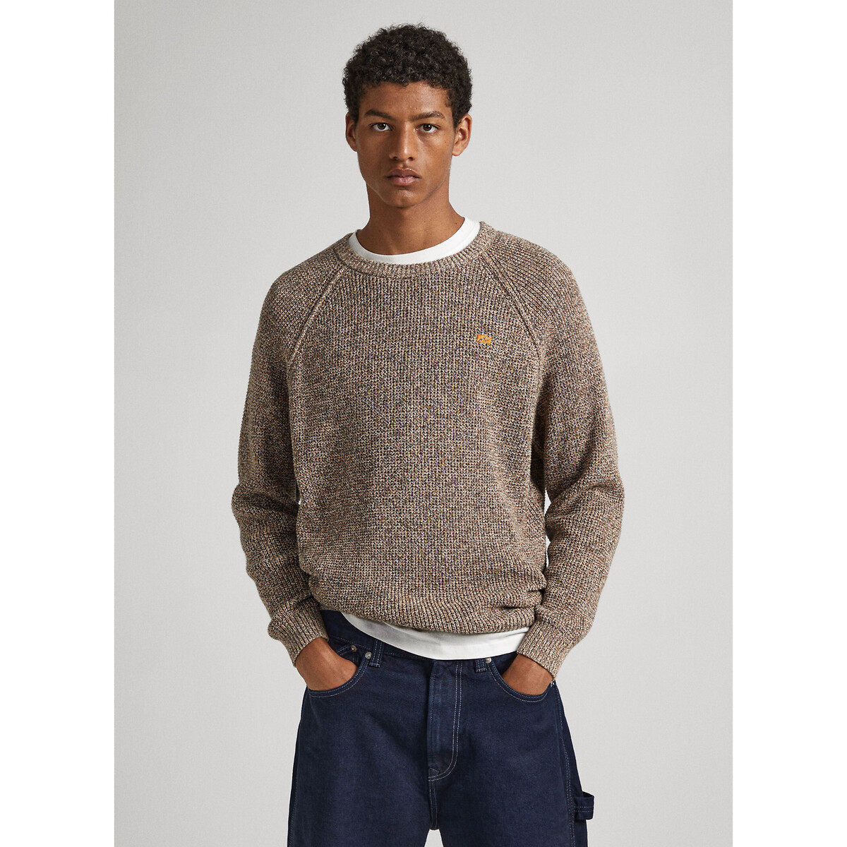 Cotton stranded knit jumper/sweater with crew neck beige Pepe