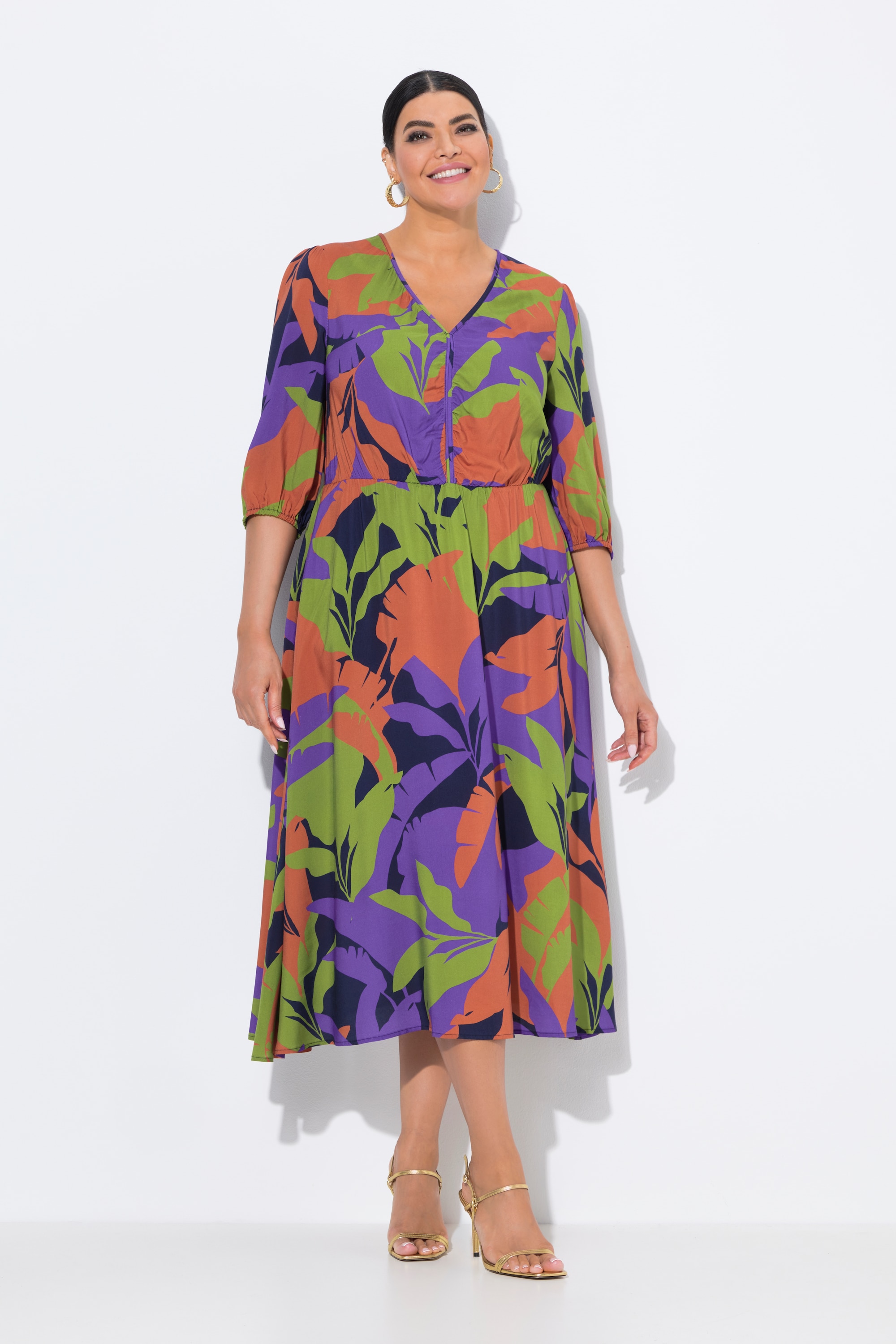Robe midi coupe évasée, motif feuilles, ULLA POPKEN