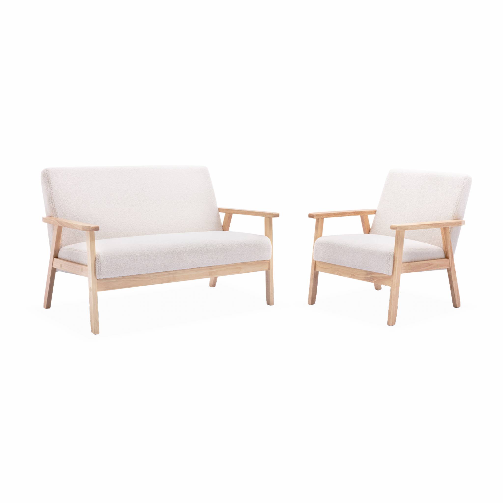 Banquette 2 places + fauteuil 1 place bois d'hévéa, de peuplier et bouclette ISAK, SWEEEK