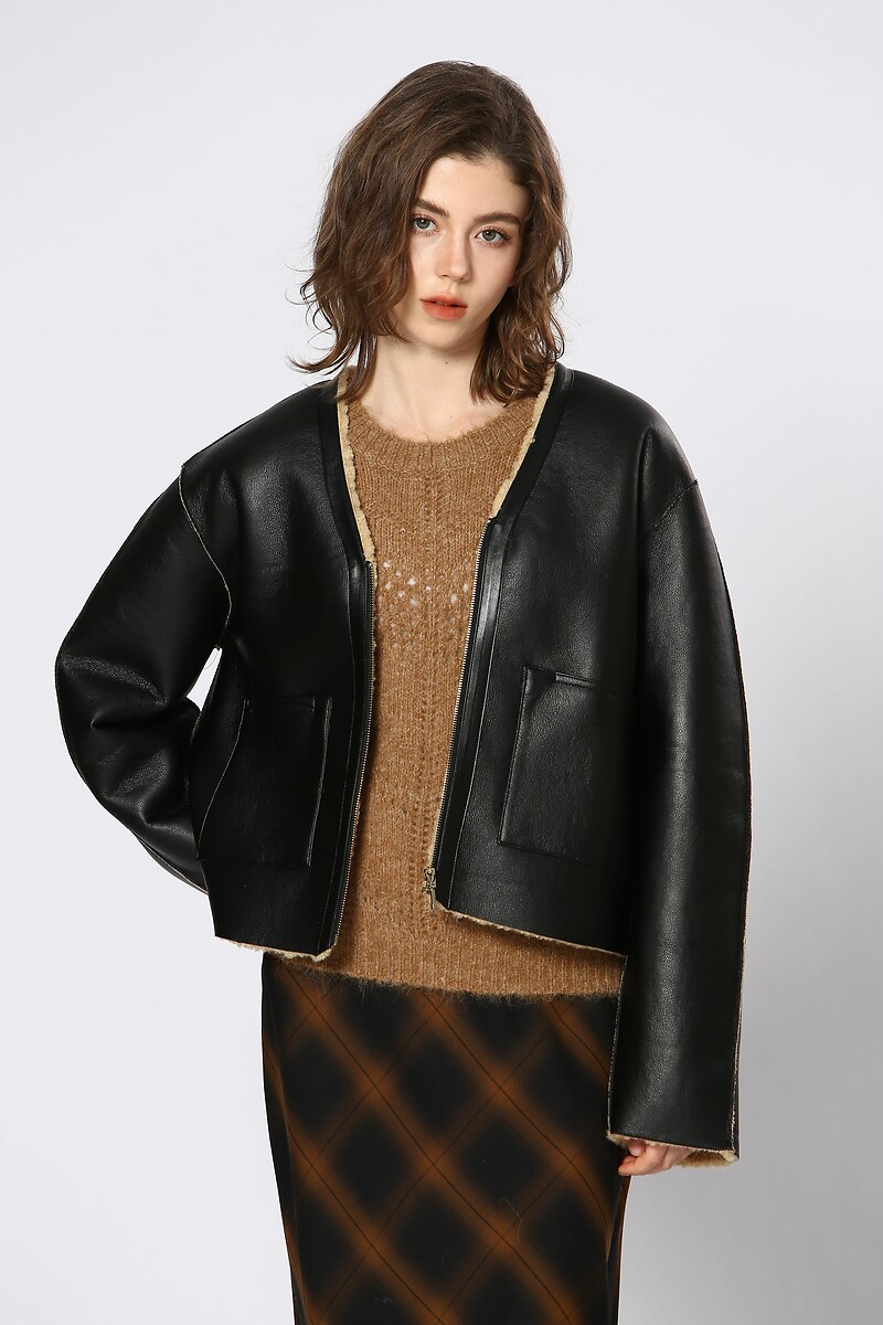 Faux Leather Zipped Jacket with Sherpa Lining, SEE U SOON