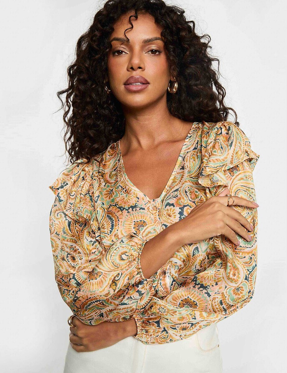 Blouse imprimée col v volanté, MORGAN