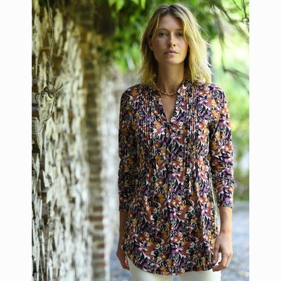 Printed Cotton Mix Tunic with Grandad Collar and Long Sleeves ANNE WEYBURN
