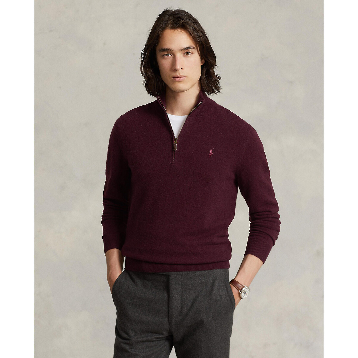 Wool half zip jumper with pony player embroidery, burgundy, Polo 