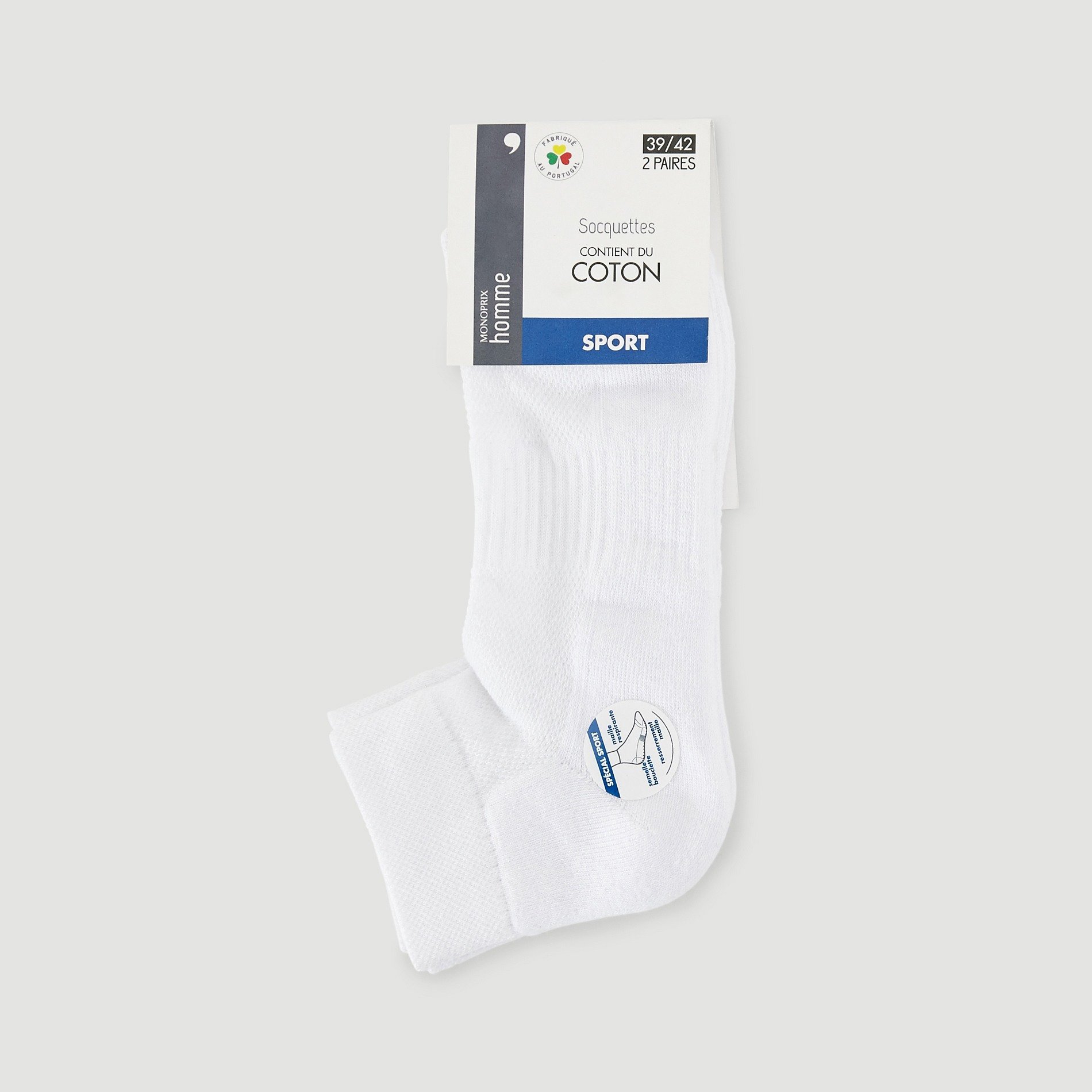 Lot de 2 paires de socquettes en coton de SPORT, certifié OEKO-TEX, MONOPRIX