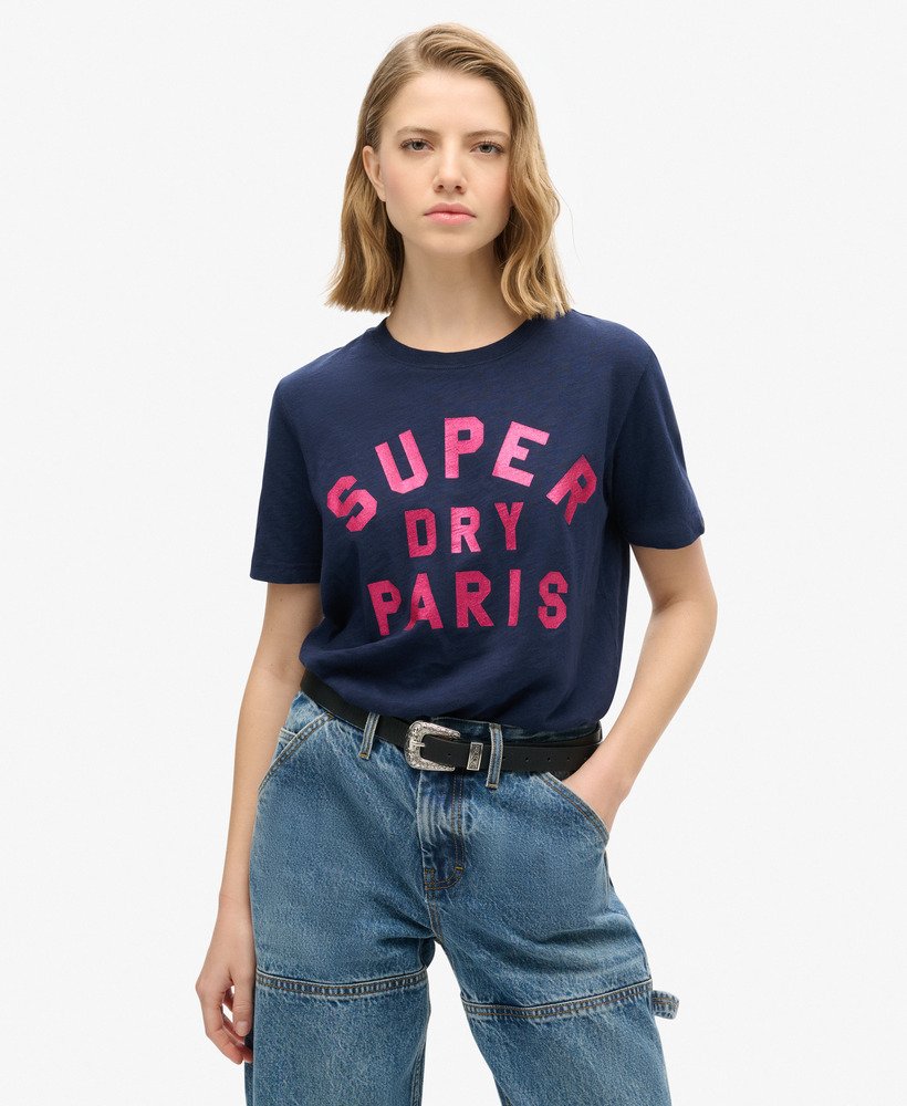 T-shirt décontracté avec logo pailleté, SUPERDRY