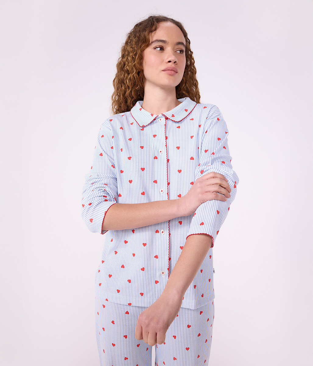Pyjama 2 pièces, en coton, imprimé rayures et cœurs, PETIT BATEAU