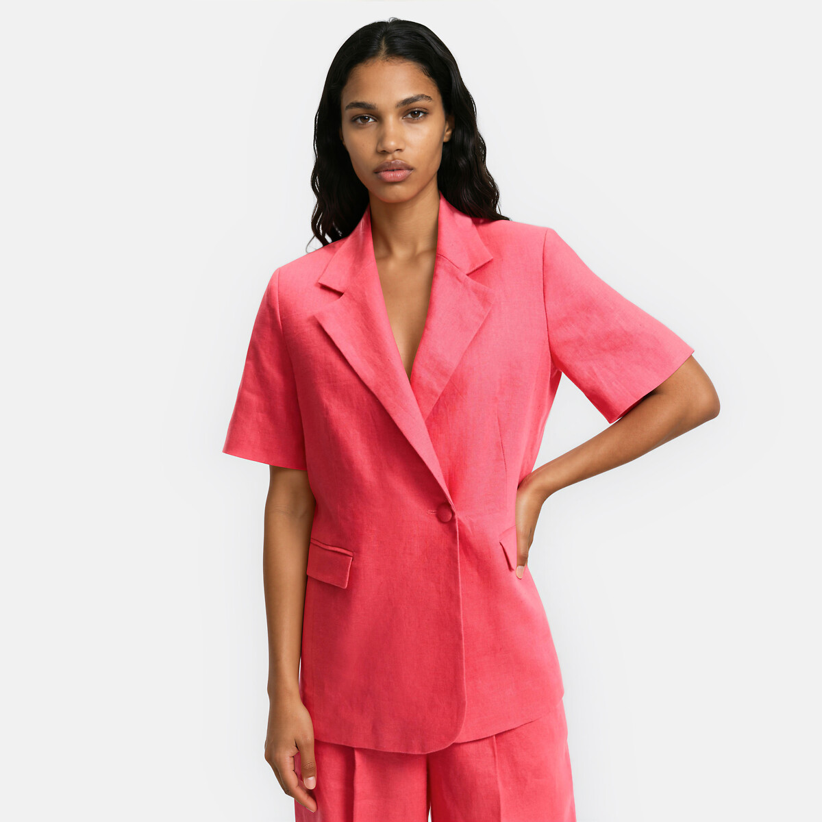 Blazer long droit manches courtes en lin, LA REDOUTE COLLECTIONS
