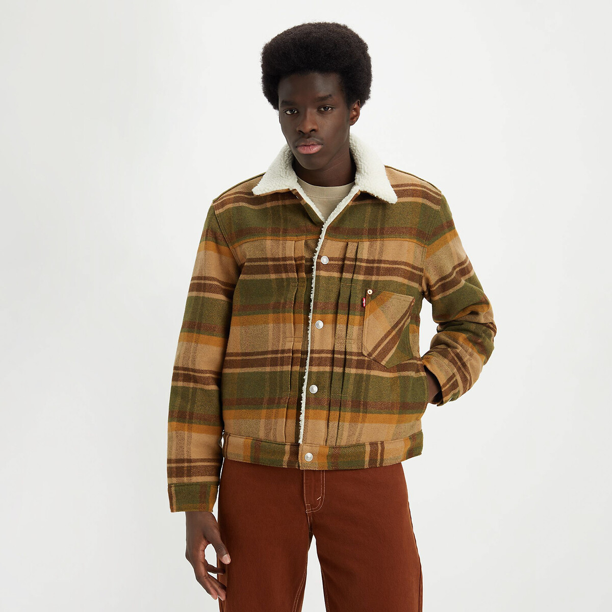 Image of Checked Buttoned Jacket with Faux Fur Lining