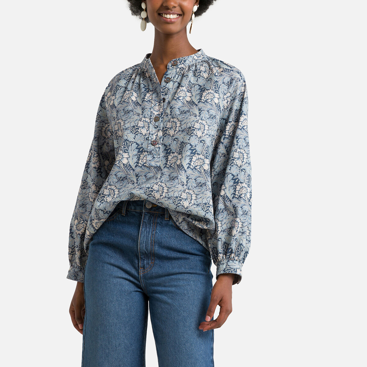 Floral/Leaf Print Blouse in Cotton with Long Sleeves